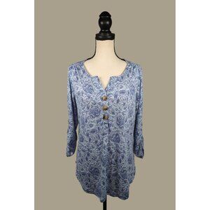 Como Vintage Blue Floral Print Blouse with 3/4 Roll-tab Sleeves Size XL NWT